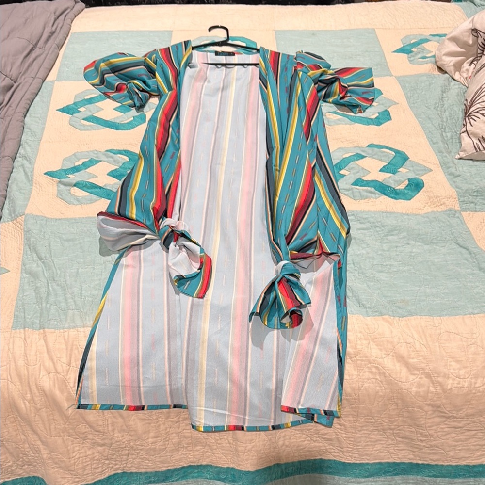Blue and Pink Striped Tie Front Cape